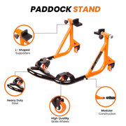 Dismantlable Rear Paddock Stand With 360 Rotation & Skate Wheels (Bike Wt upto: 280 kgs) - Black-Orange